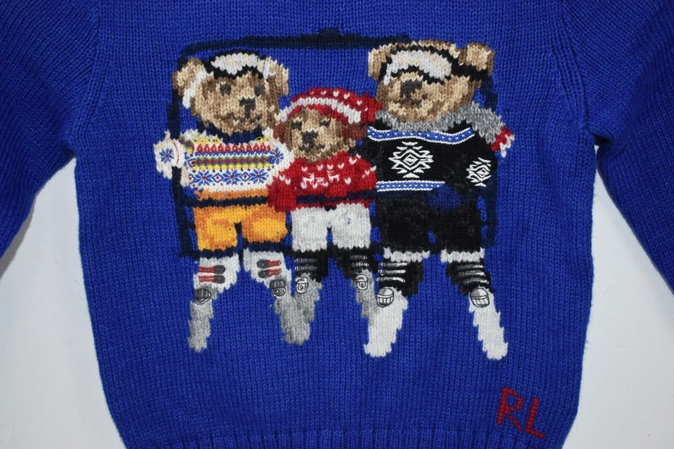 Suéter de malha novo com etiquetas Polo Ralph Lauren tamanho 3/3T azul bordado família urso de esqui $295 - Imagem 2 de 4