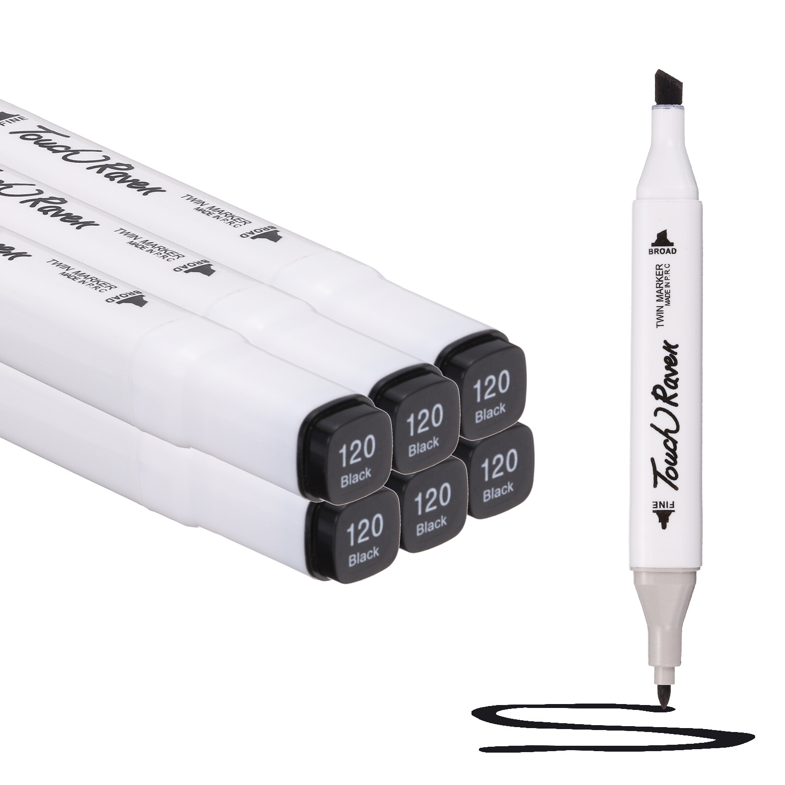 Dual Tip Alcohol Art Markers, 6 Pcs White Barrel Alcohol Markers, Black