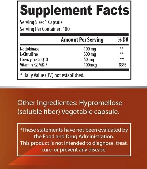 Natokinase 180 Cápsulas 4 en 1 Óxido Nítrico Flujo Sanguíneo, Salud Cardiovascular Foto 3 de 4