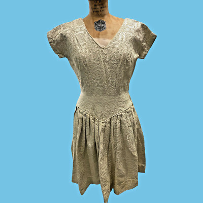 Vintage 1950's Cream Gold Brocade Party Dress by Parklane Debs Med.