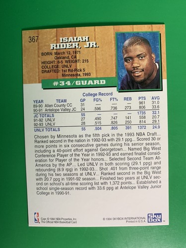 1993-94 NBA Hoops Gold Isaiah Rider ROO #367 Minnesota Timberwolves - Picture 2 of 2