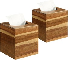 2 Pack Wooden Tissue Box Cover Square - Acacia Wood Tissue Box Holder for