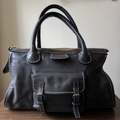 Italian Leather Satchel Bag Black Contrast Stitch Italy Made Chloe Style