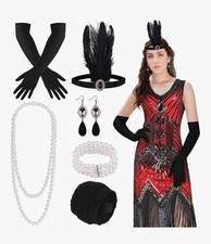 1920s Flapper Dress Set Fringed Sequin Great Gatsby With Accessories Cosplay