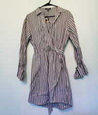Express Women XS Faux Wrap Mini Dress Long Sleeve Stripe Gray V Neck  Cotton NWT