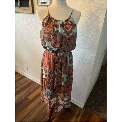 Sweet Storm Teal and Orange Paisley Halter-Style Midi Dress