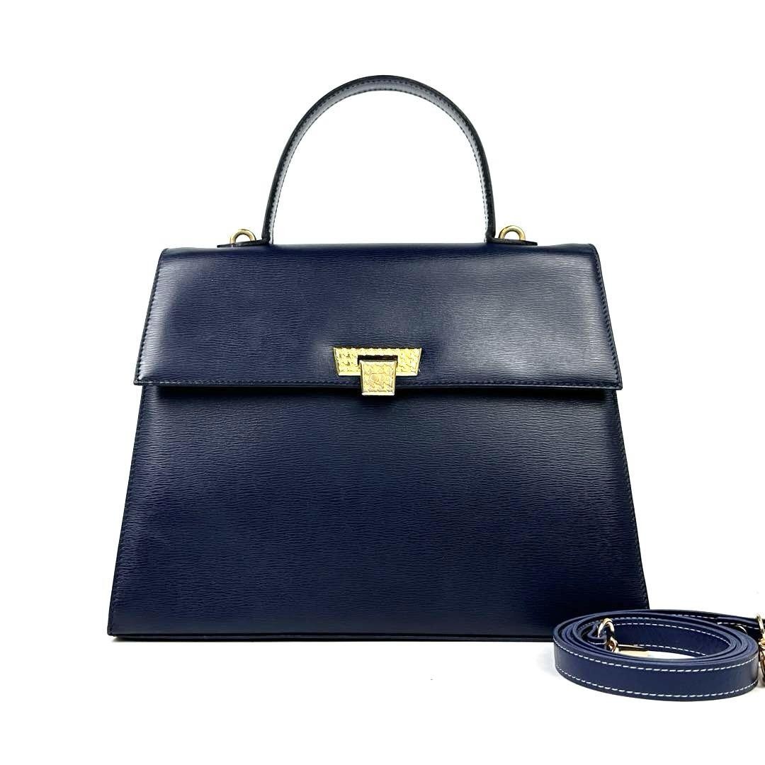 Dior Navy Leather 2Way Handbag with Gold Hardware from Japan