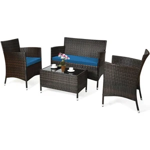 4PCS Patio Rattan Conversation Furniture Set Outdoor w/ Peacock Blue Cushion
