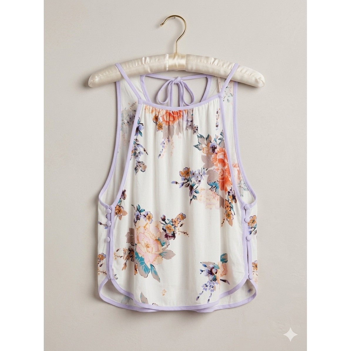 Free People Tank Top Womens Small Ivory Floral Rayon Tie Back OB818565 New