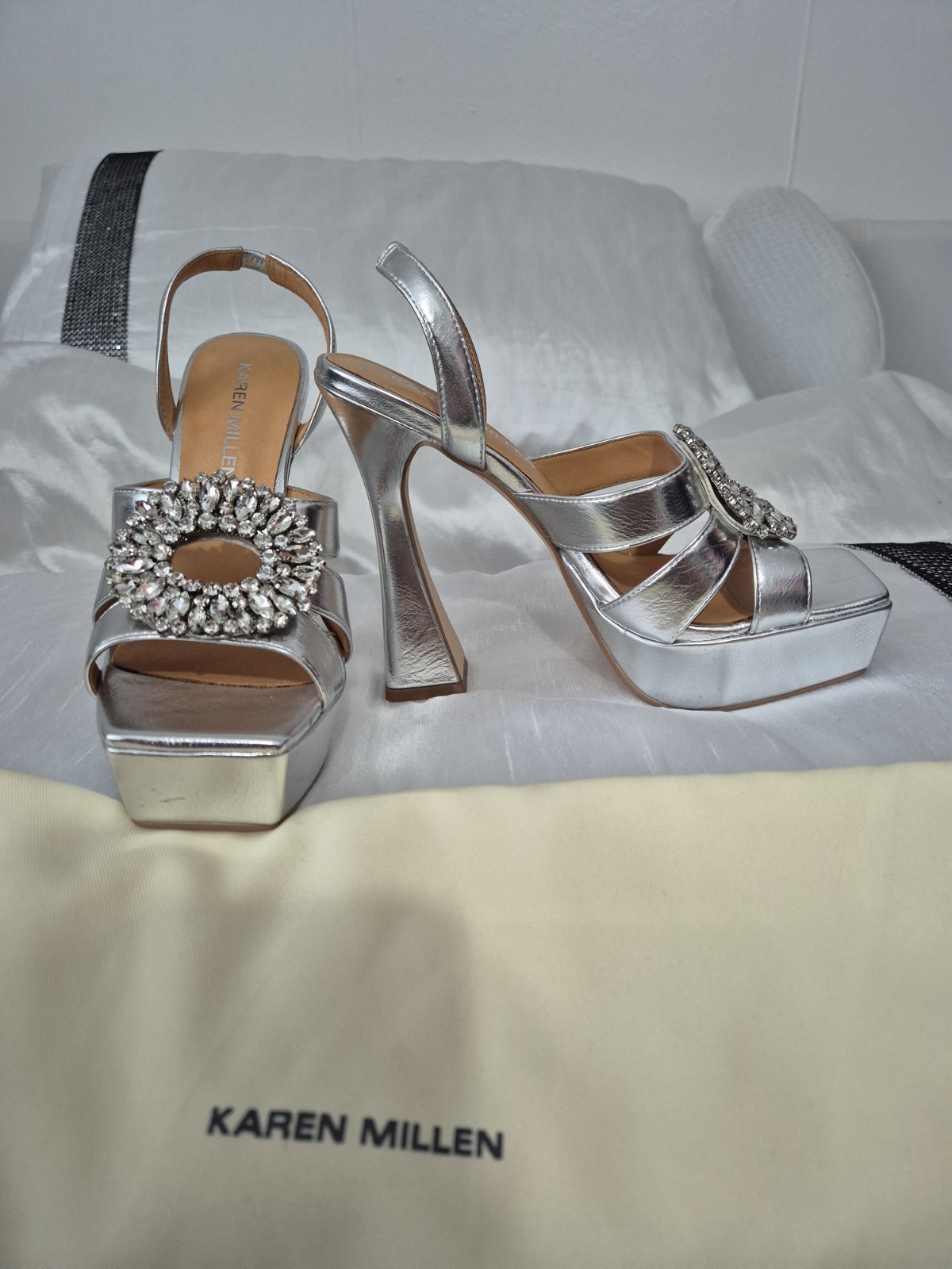 UNWORN!! SOLD OUT!! KAREN MILLEN SIlver Platform Heels IN BOX