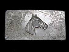 TF03147 VINTAGE 1970s  HORSE  ENGRAVED WESTERN  COWBOY BELT BUCKLE