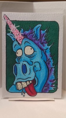 ACEO RetroStout Original ''Unicorn Blu'' 2.5 x 3.5 OOAK Silly Glitter Cartoon
