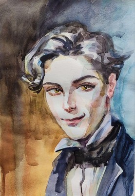 Original Watercolor Painting Vintage Gentleman Portrait Handmade Fine Art
