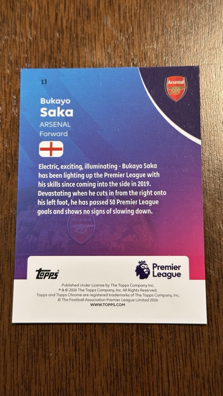 Bukayo Saka 2025-26 Topps Chrome Premier League Aqua RayWave /199 #13 view 2
