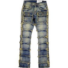 Kids Patchwork Stacked Jeans Light Tint Denim Streetwear Youth Distressed Pants