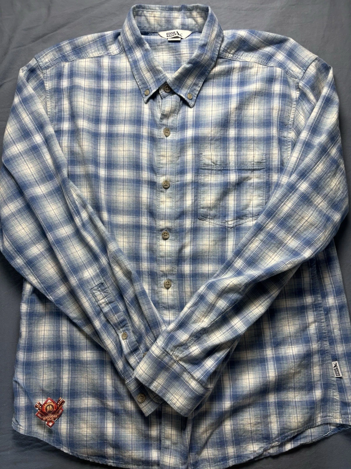 Eddie Bauer Blue Plaid Flannel Shirt Mens Large Lightweight Button Down