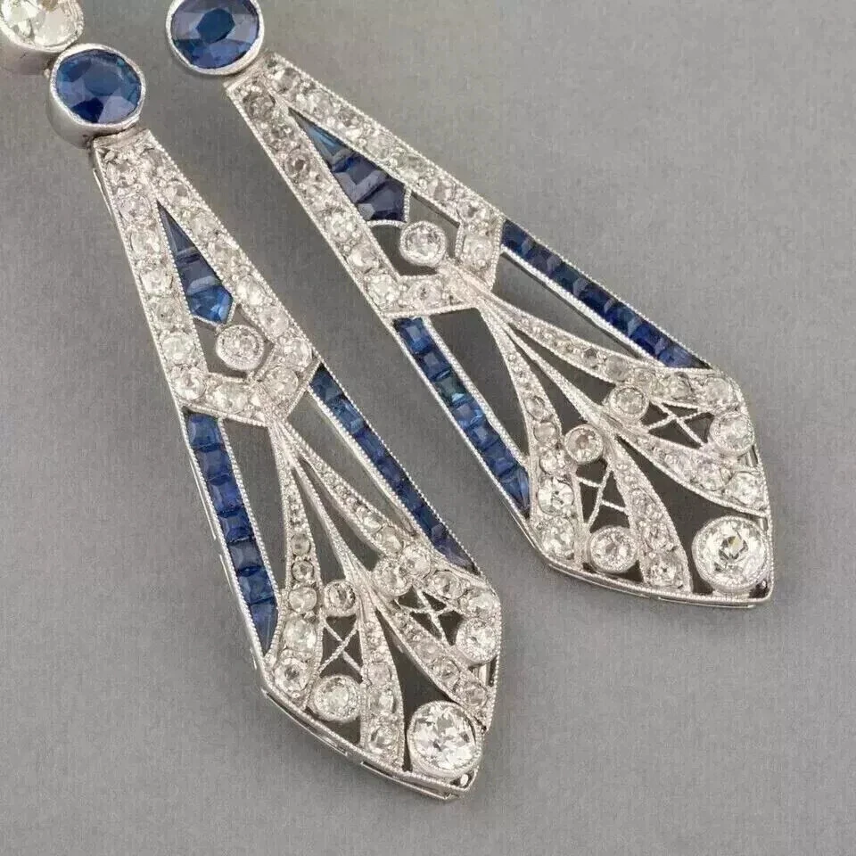 Art Deco Style Lab Created Diamond & Sapphire Dangle 14k White Gold FN Earrings - Image 2 of 4