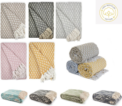 100% Cotton Woven Diamond Geometric Scandi Sofa / Bed Throw in 4 colours 3 Sizes