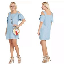 Vince Camuto Womens Chambray Shift Dress Size M Cold Shoulder Boho Western Rodeo