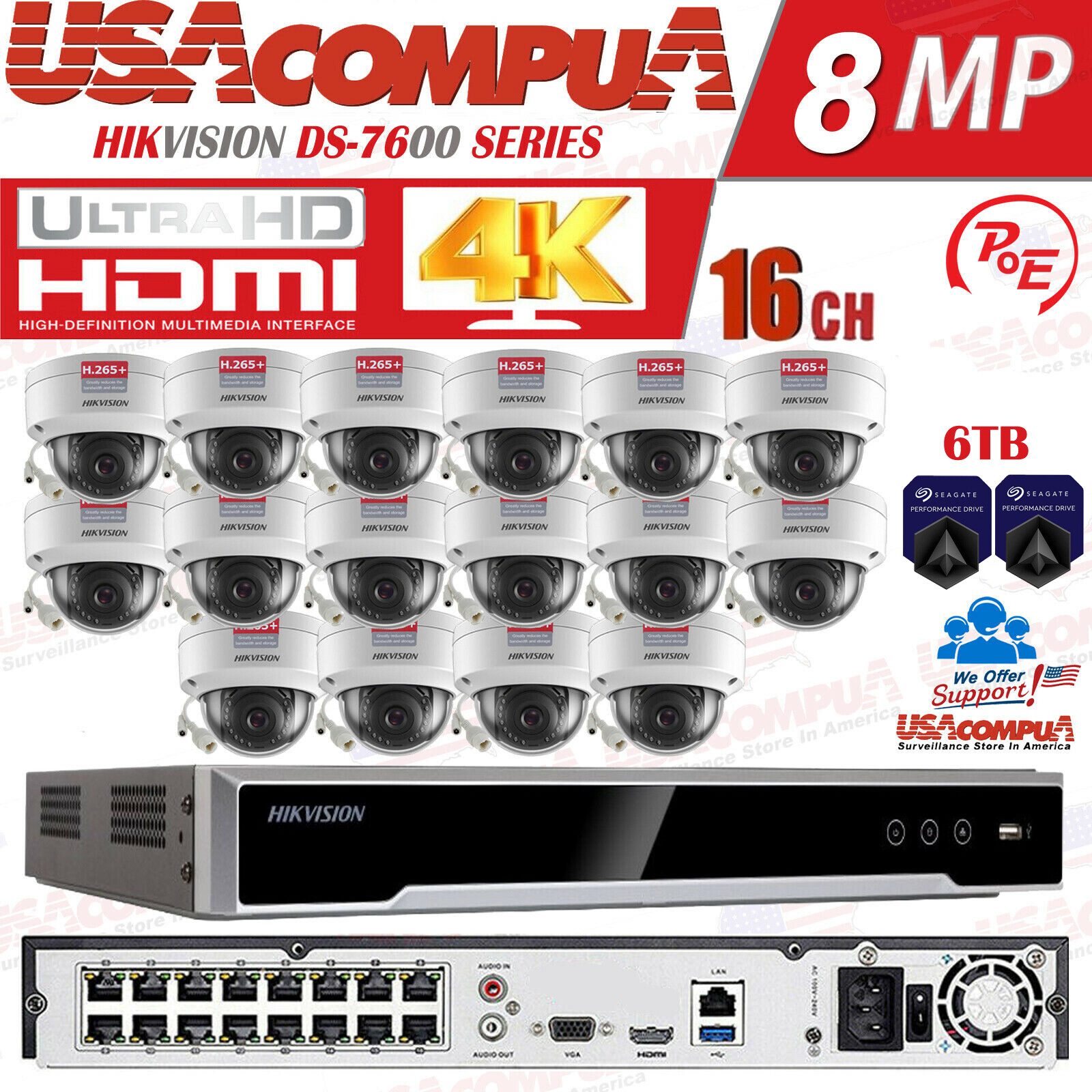 Hikvision DS-7616NI-Q2/16P 16CH 4K 8MP NVR 16 x 4MP Dome IP POE Camera System 6T