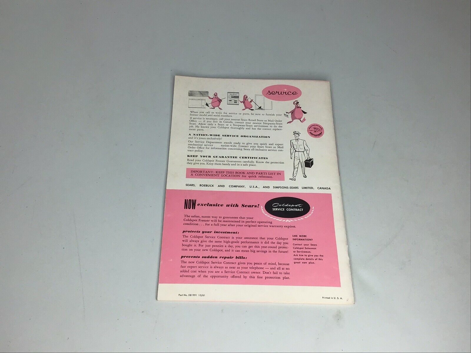 Vintage Sears Coldspot Freezer Owner's Manual Care Operation