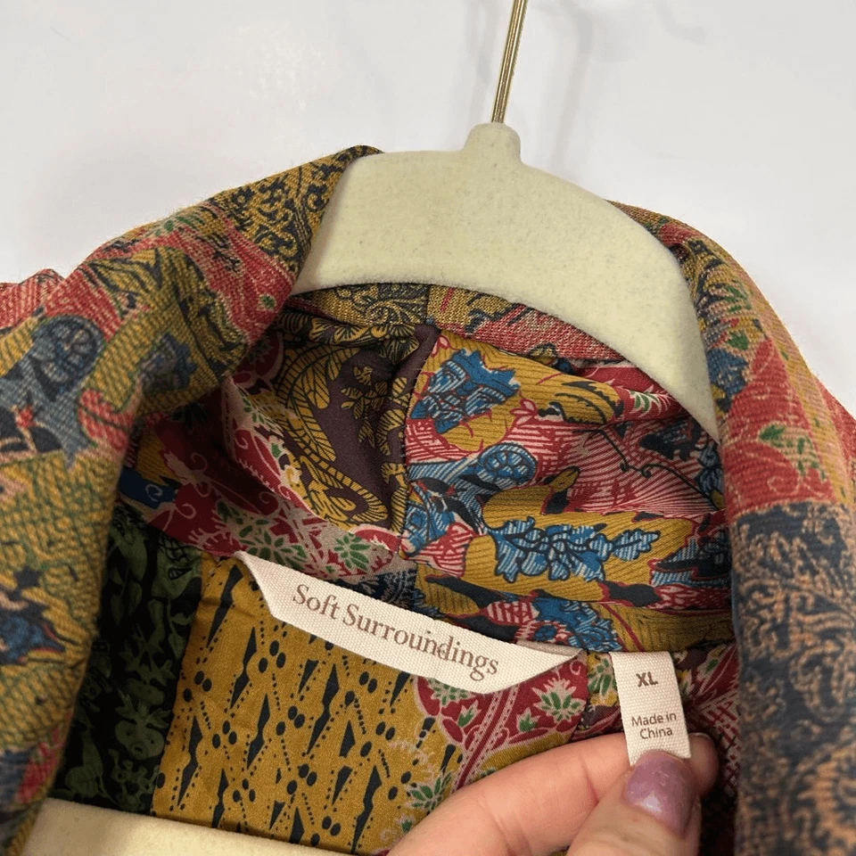 Soft Surroundings Sweater XL Patchwork Blue Yellow Izmur Topper Paisley Cardigan - Image 4 of 4