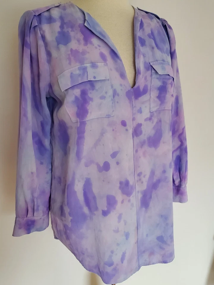 Joie painted Silk crepe shirt Blouse pink white purple blue painted S M tie dyed - Image 2 of 4