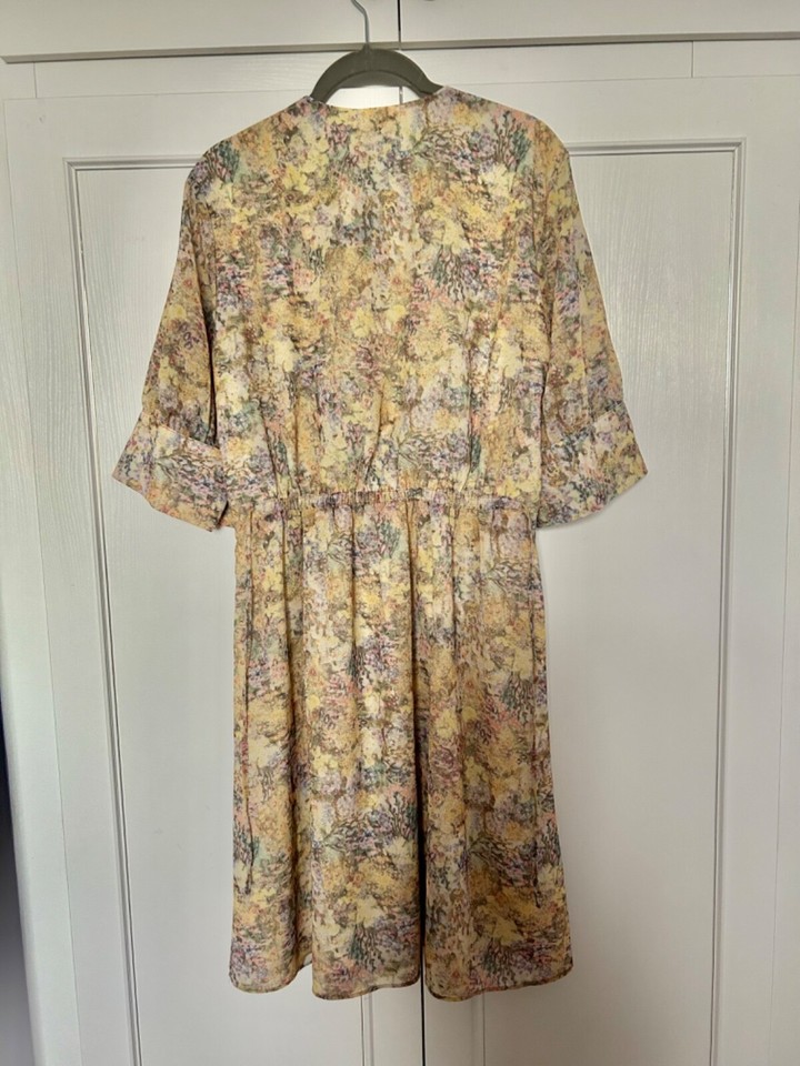 H&M DRESS YELLOW/MULTI FLOATY LINED ELASTIC WAIST TIES SIZE Eur S 8