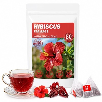 50 Premium 100% Pure Organic Hibiscus Tea Bags Natural Herbal Tea