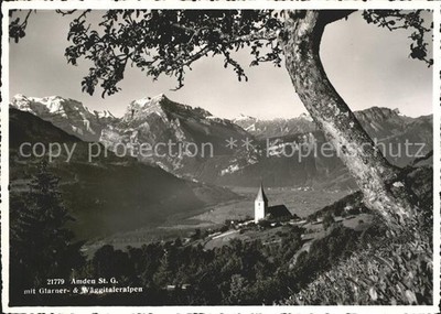 Amden Walensee SG Panorama mit Glarner und Waeggitaler Alpen Kirche