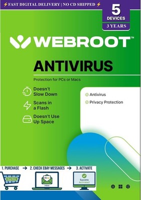   Webroot Antivirus 2026 | ONLINE KEY (NO CD) | 3 Year License, 5 PC/Mac