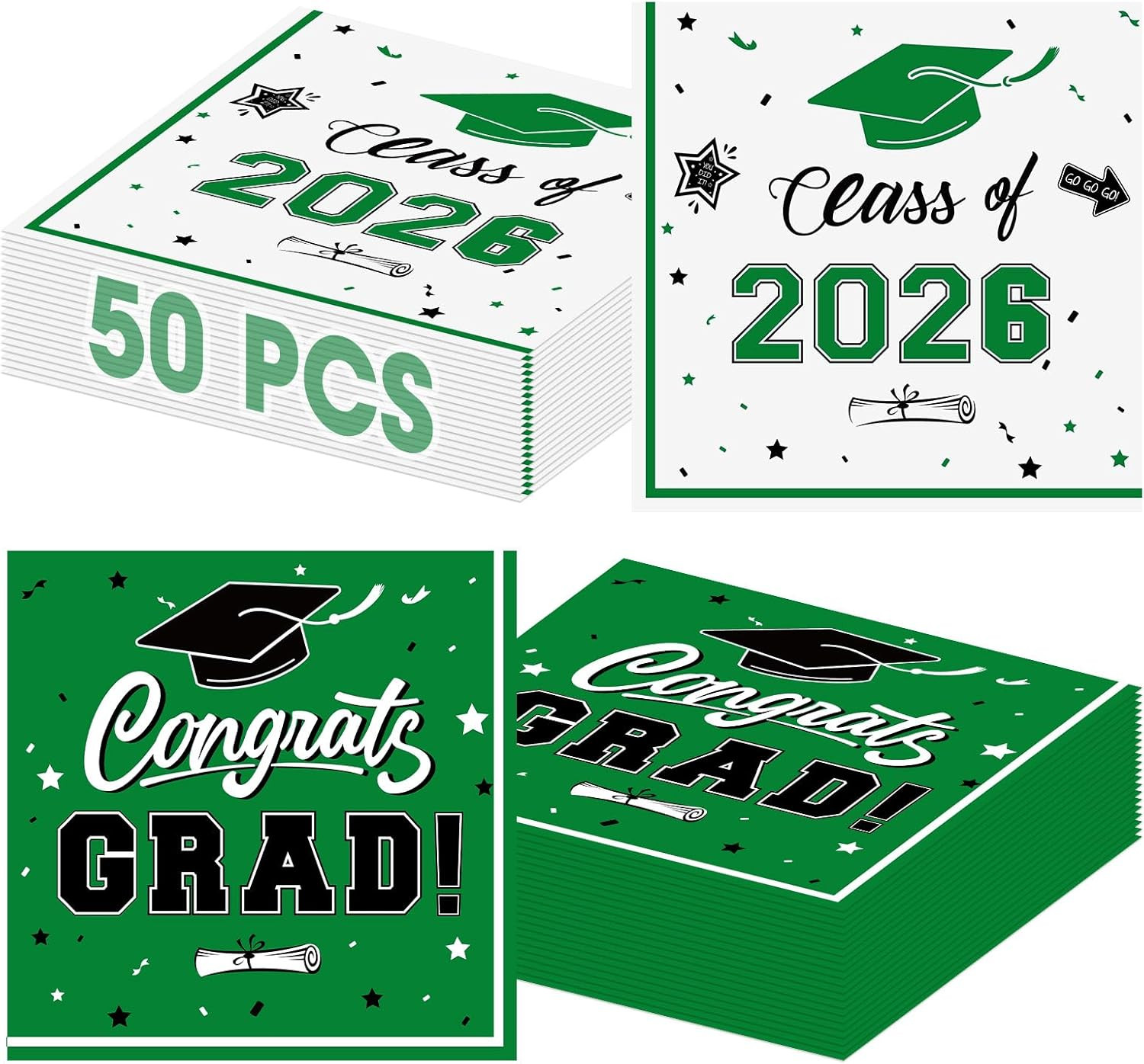 50 Pcs Graduation Napkins Decorations - Green Class of 2026 Congrats GRAD 3-Ply