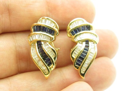 14k Oro Amarillo Y Diamantes Zafiro Azul Canal Set Diseño Francés Espalda Aretes