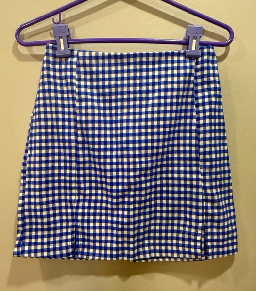 Love On A Hanger Women’s Blue White Gingham Twill Mini Skirt Zip Closure S