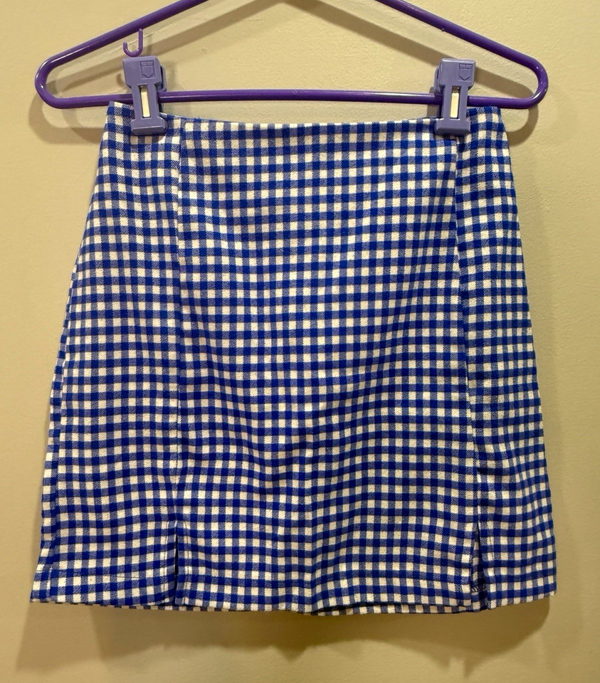 Love On A Hanger Women’s Blue White Gingham Twill Mini Skirt Zip Closure S