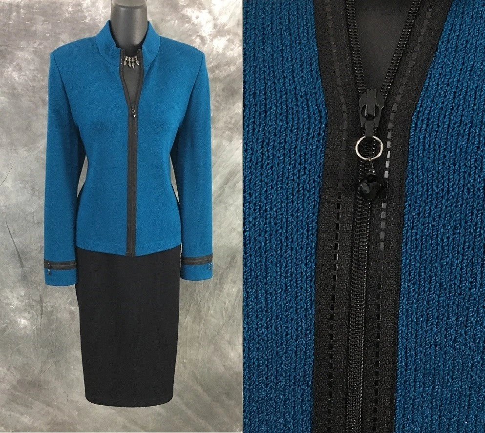 Costume St. John Marron Avec Finitions Cuir - Veste Taille 8, Jupe Taille 10 - Occasion En Très Bon état
