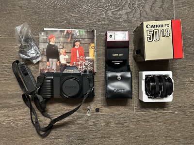 Canon T50 Camera, FD 50/1.8 Lens In Box & Speedlite 244T