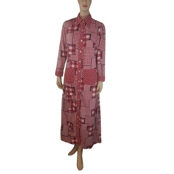 Vtg 70s red gingham plaid patchwork long sleeve h… - image 1