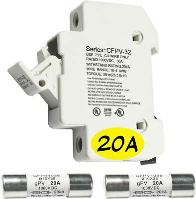 HQRP Solar PV CFPV-32 DIN Rail Fuse Holder + 2-Pack 20A Fast Acting Fuse Links