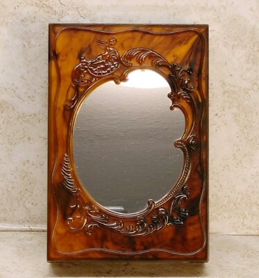 Vintage MCM Vanity Box With Mirror Frame Lid Faux Tortoise Shell