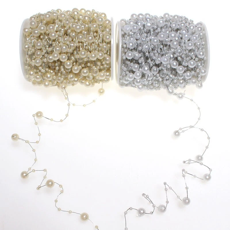30m Perlendraht silber Draht mit Perlen 3mm + 8mm Hochzeit Girlande Perlenband - Bild 2 von 2