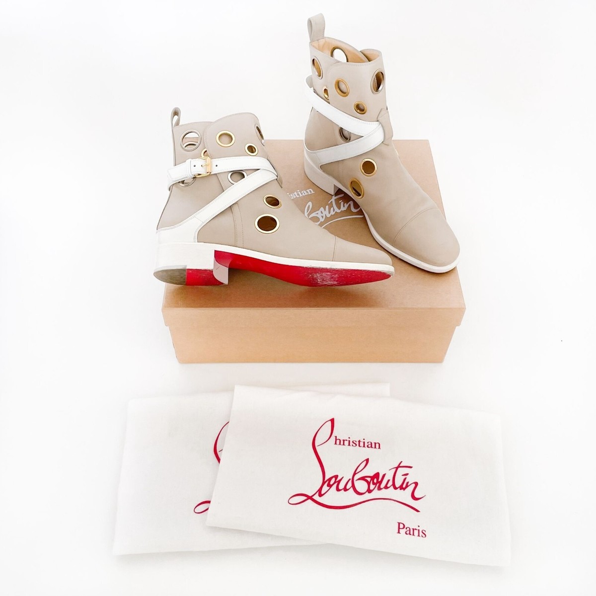 Christian Louboutin Scubabootie Boot EU 37 US Beige Tan Grommet Flat  Bootie