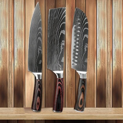 3Pcs Kitchen Knife Set Stainless Steel Damascus Pattern Sharp Cleaver Knife Gift