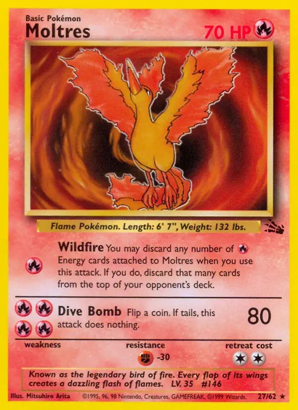 Moltres - 27/62 - Pokemon Fossil Unlimited Rare Card WOTC NM