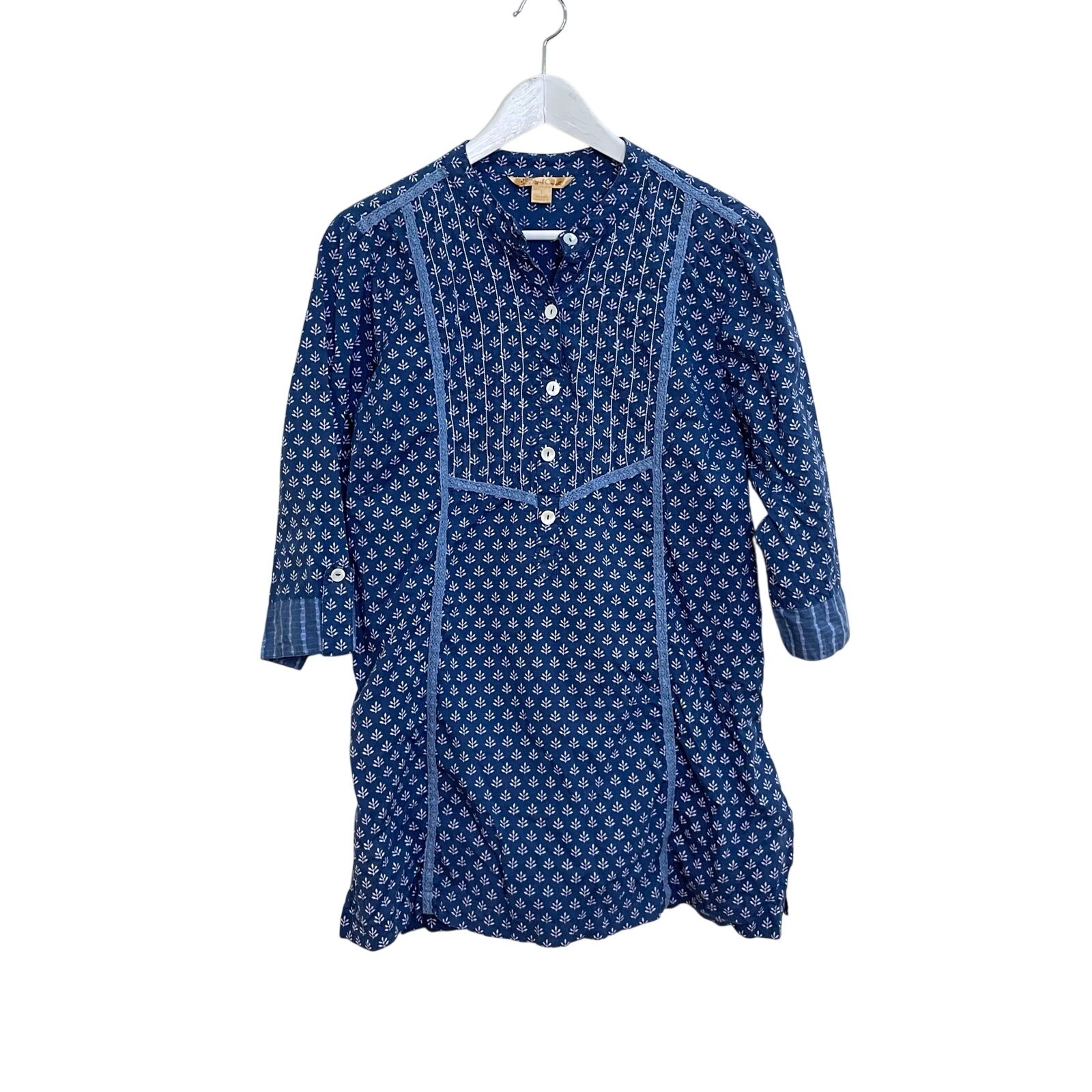 April Cornell Women's Size L Blue Floral Printed 3/4 Sleeve Pin-tuck Tunic Shirt