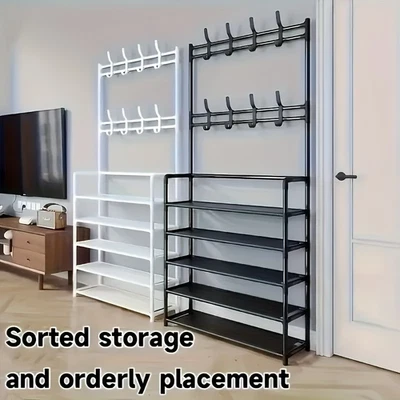 Metall-Schuhregal mit 8 Haken & Ablage – Mehrstöckiger Flurorganizer für Schuhe - Bild 1 von 4