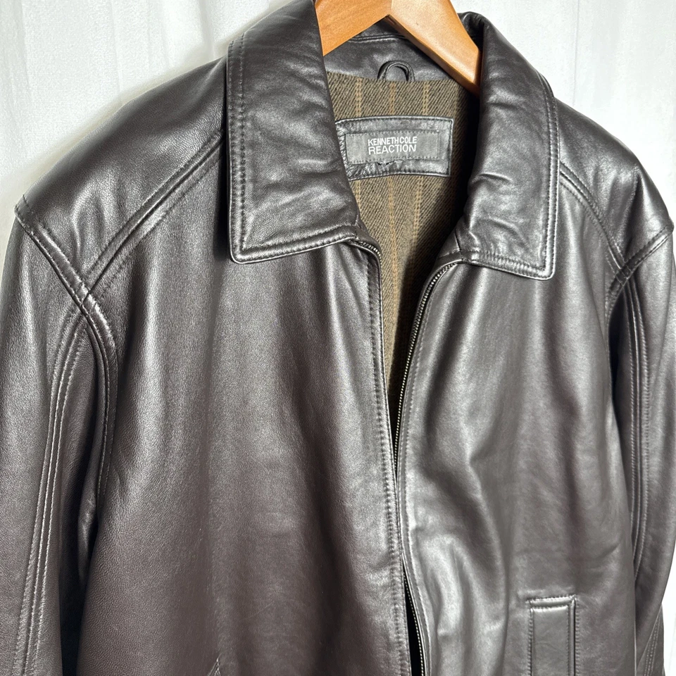 Men's Brown Leather Bomber Jacket G-III Size XXL Full Zip Wool Lining Classic - Image 2 of 4