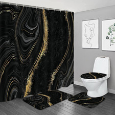 4Pcs Black Gold Marble Shower Curtain Sets with Rugs Bathroom Sets
