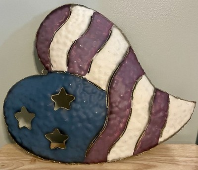 Primitive Heart Decor~USA American Flag Tin US United States Rustic~16  X 14 