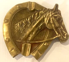 VTG Brass Ashtray Horseshoe Horse Head Cigar Cigarette Racing Equestrian 4.5”